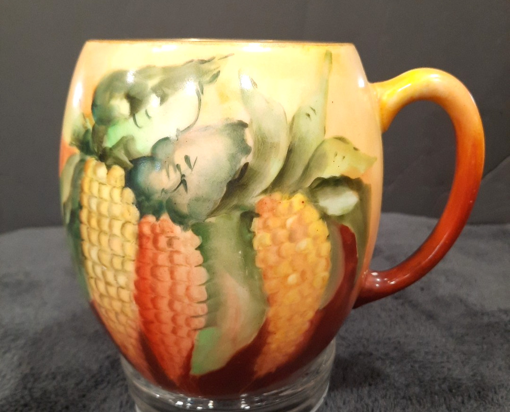 Antique Porcelain Hand Painted Corn Fall Colors Tankard Mug Stein 5 " Autumn